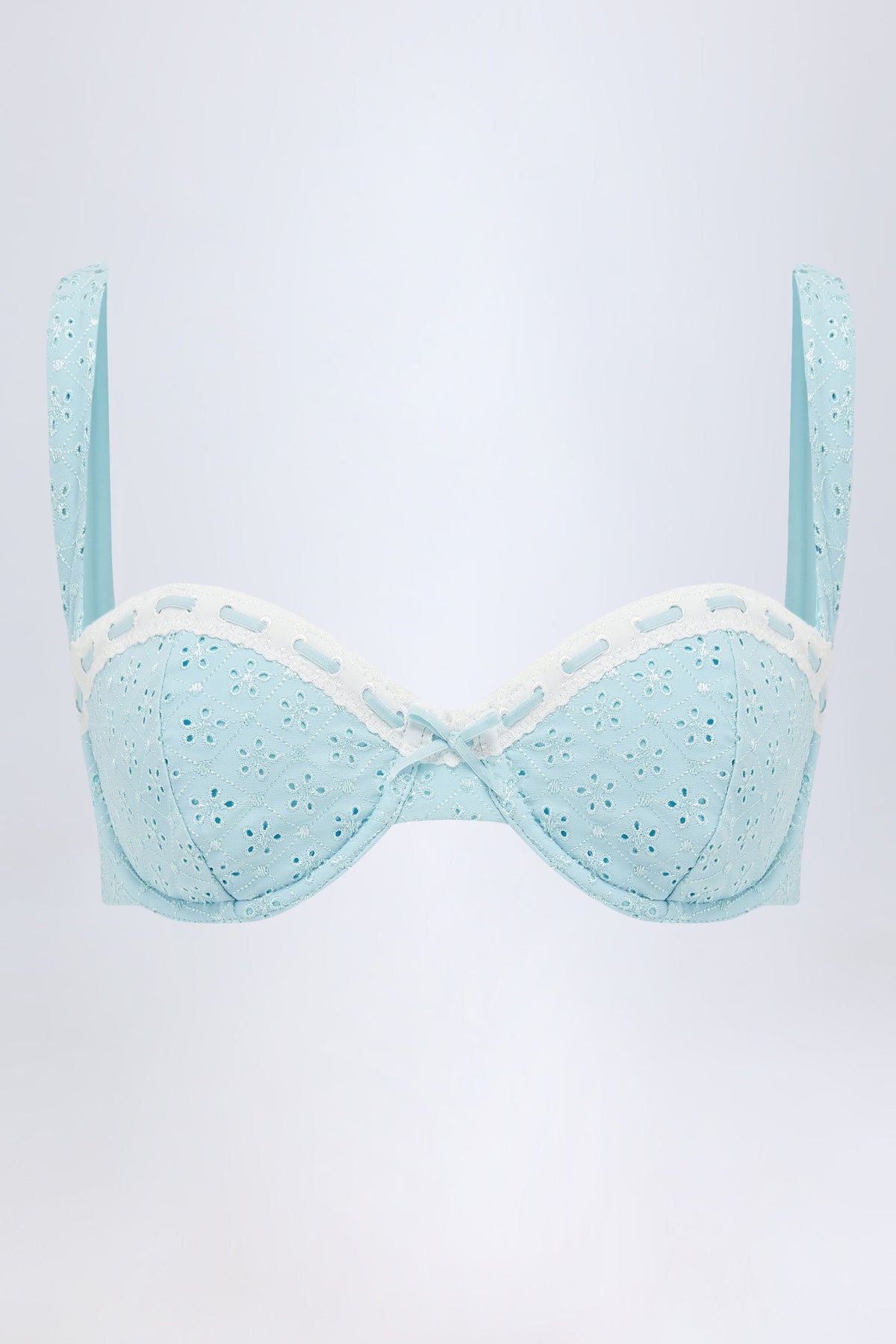 Broderie Anglaise Destekli Balconette Bikini Üstü, Pudra Mavisi