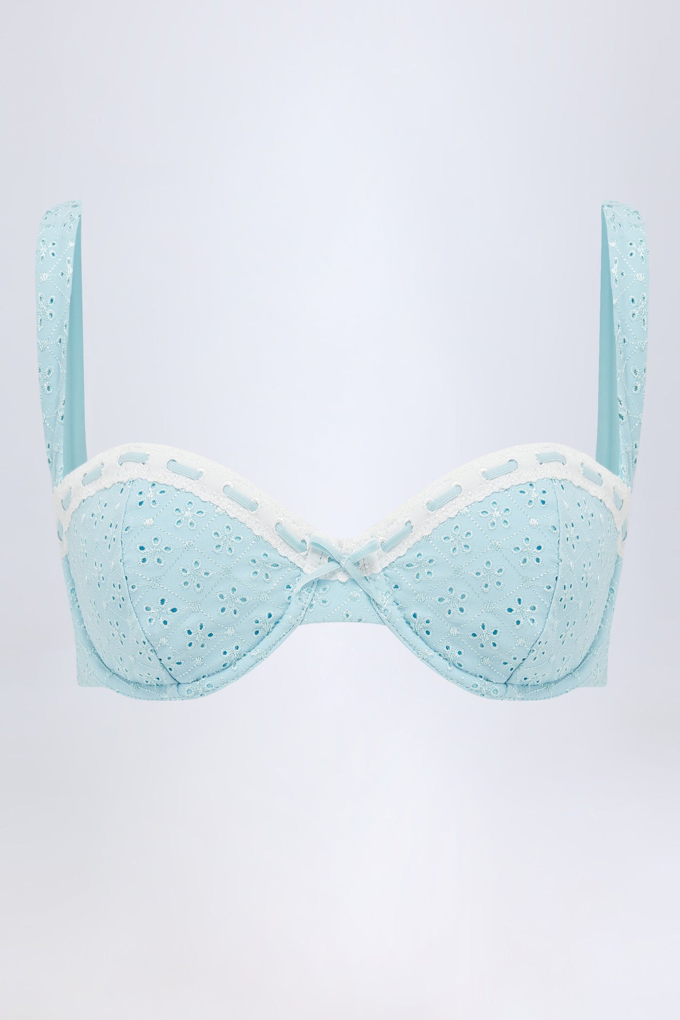 Broderie Anglaise Destekli Balconette Bikini Üstü, Pudra Mavisi