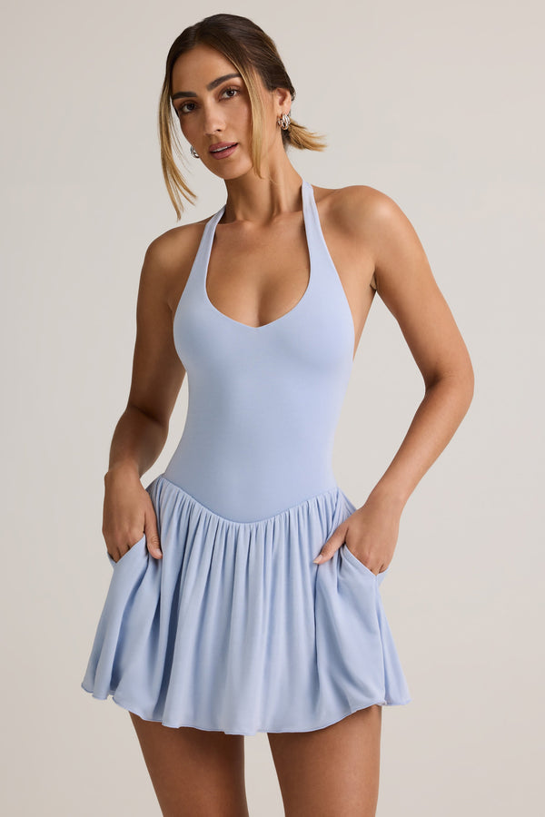 Açık Mavi Modal Sırtı Açık Halter Yaka Mini Elbise