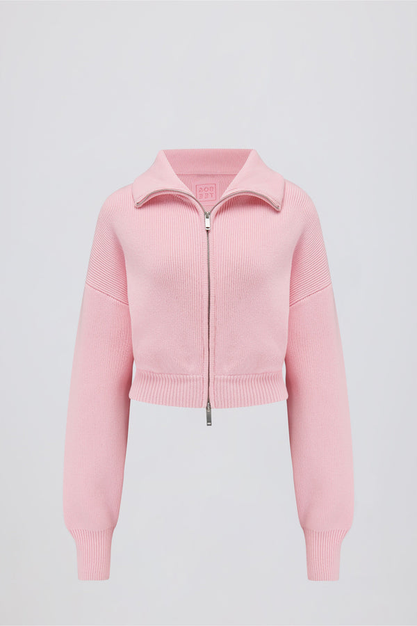 Açık Pembe Kaburga Örgülü Kısa Fermuarlı Sweatshirt