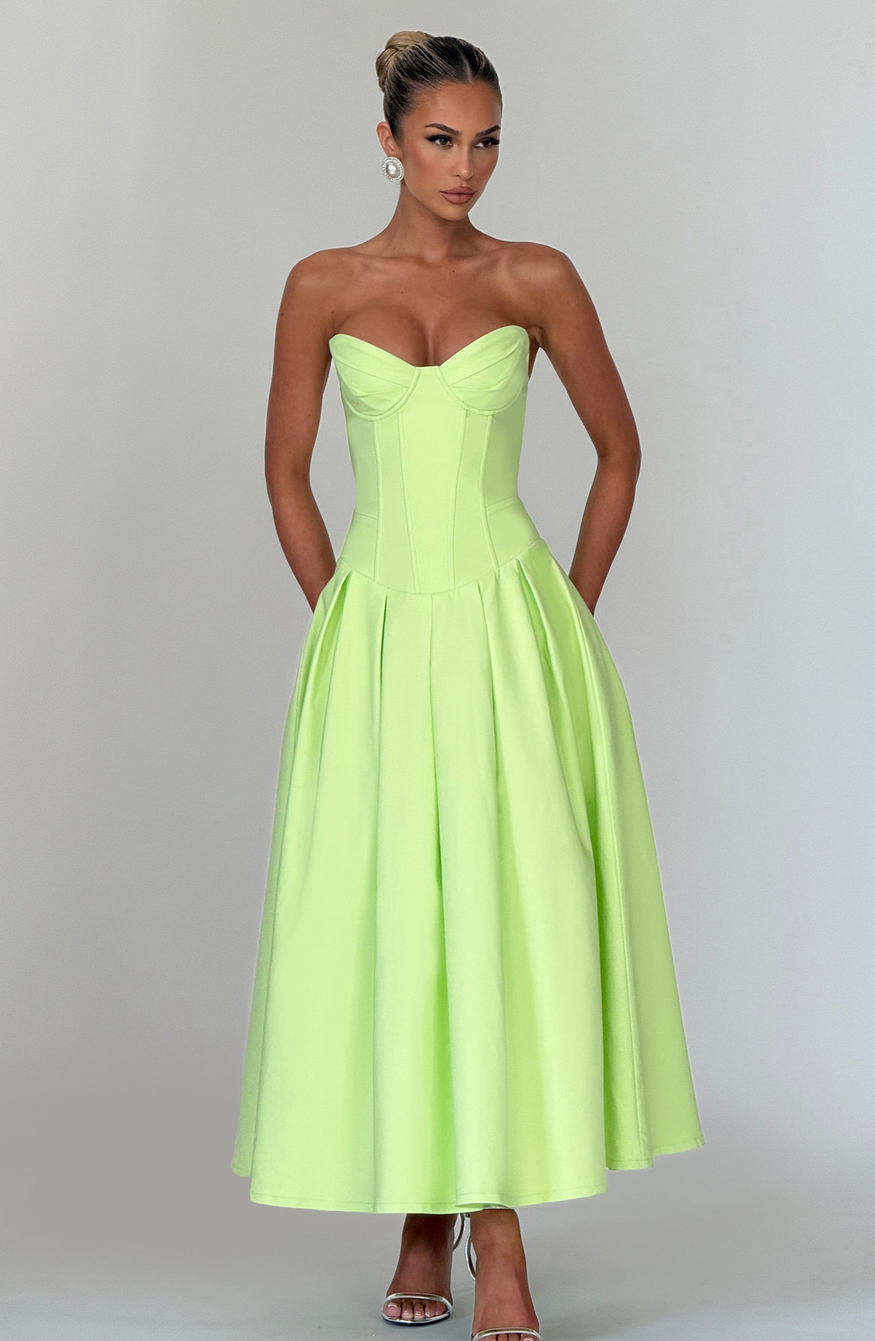 Salma Midi Elbise - Limon Yeşili