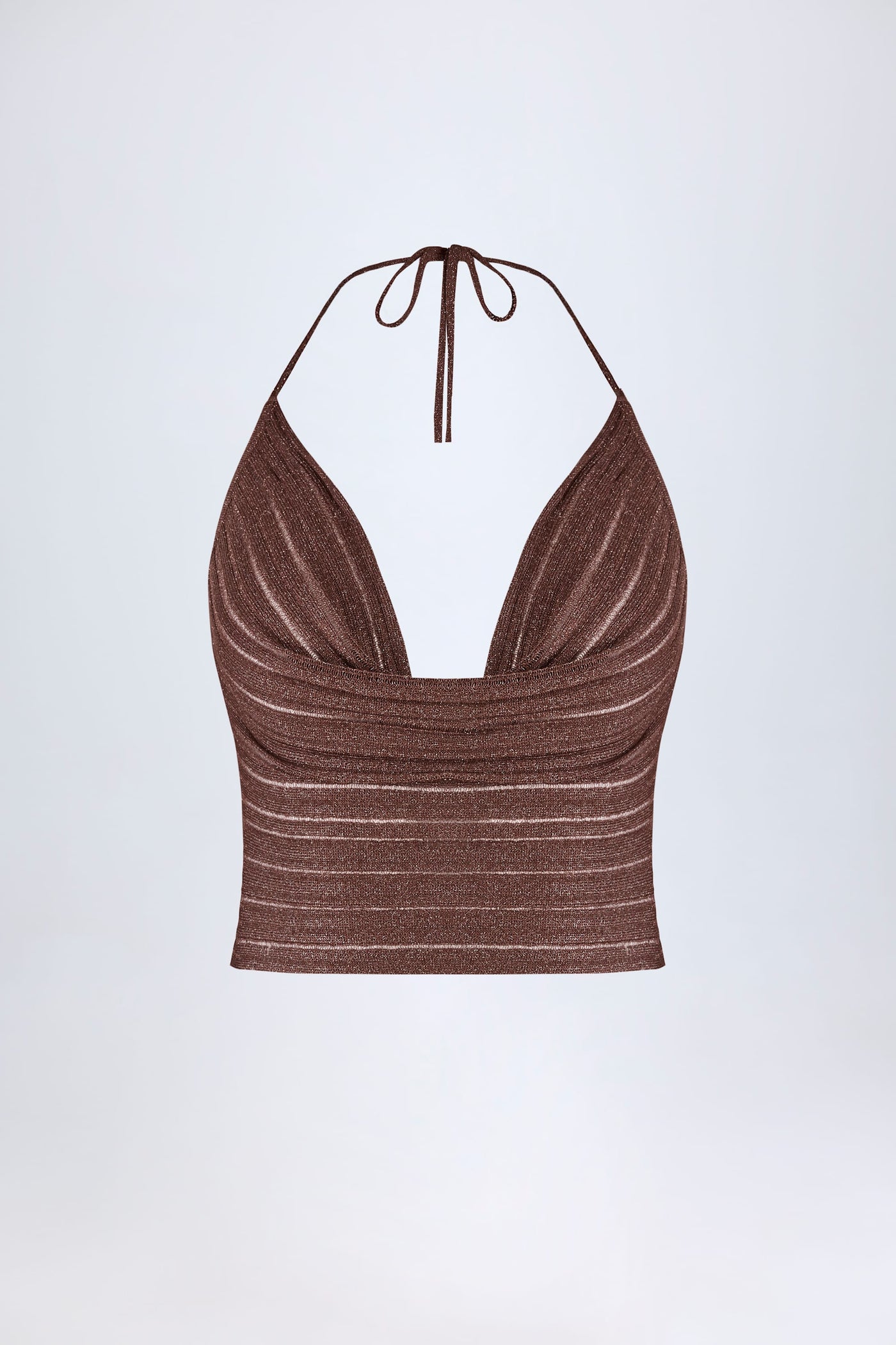 Bronz Renkte Dekolteli Askılı Crop Bluz