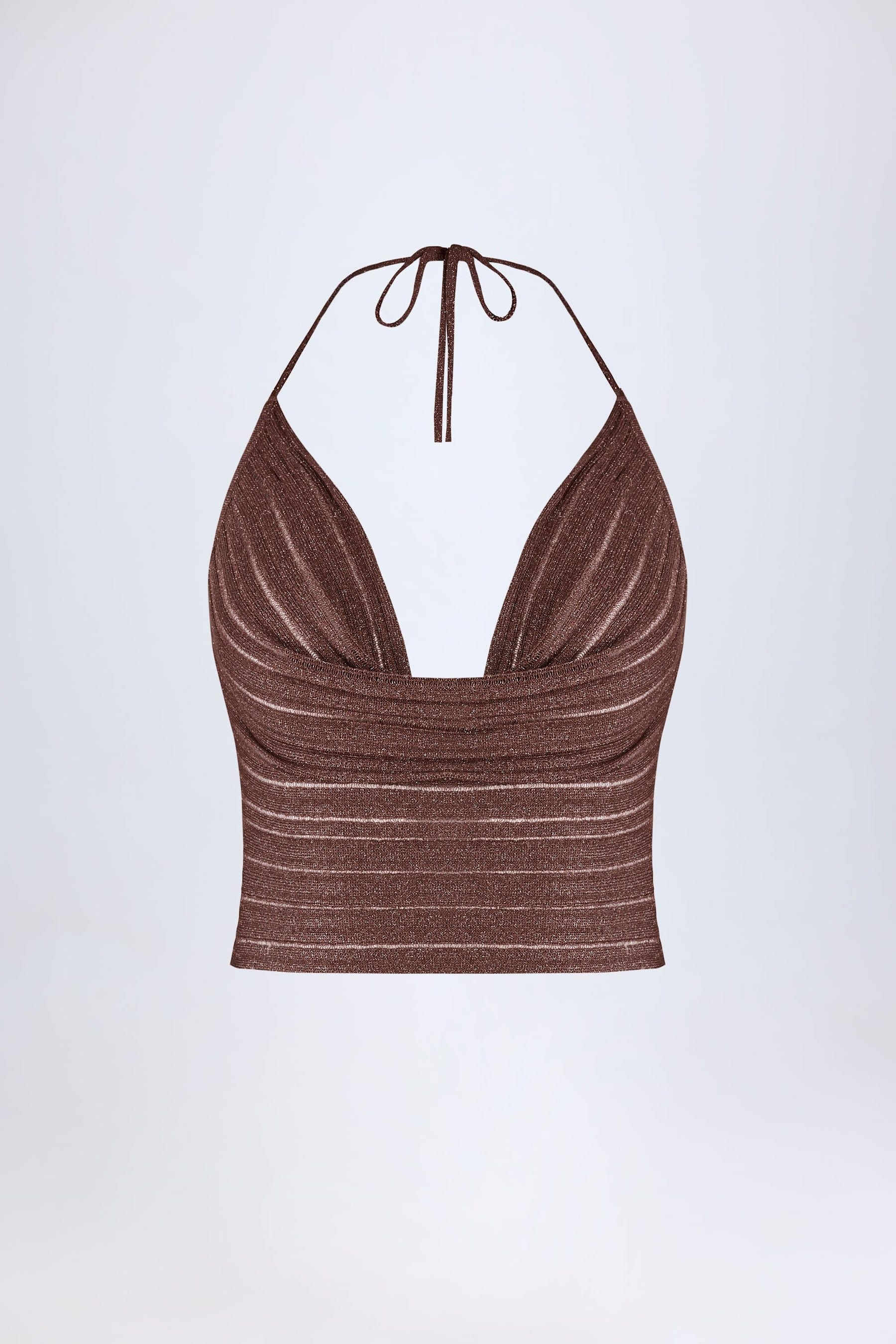 Bronz Renkte Dekolteli Askılı Crop Bluz