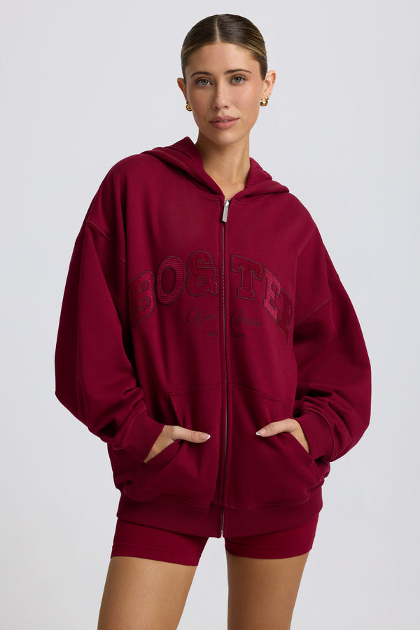 Bordo Büyük Boy Fermuarlı Kapüşonlu Sweatshirt