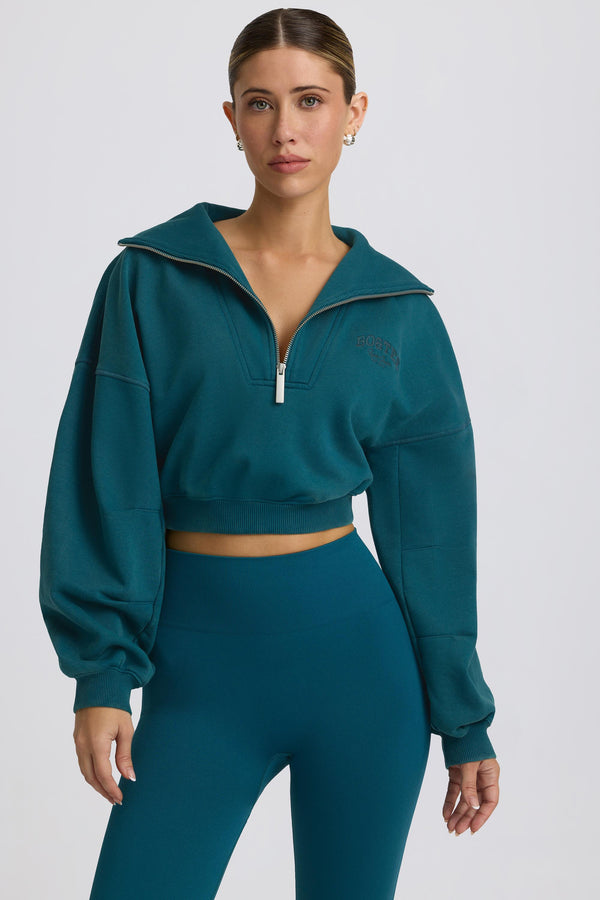 Teal Rengi Çeyrek Fermuarlı Kısa Sweatshirt