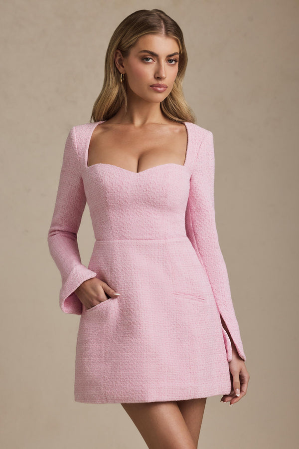 Yumuşak Pembe Kalp Yakalı Yapılı Mini Elbise