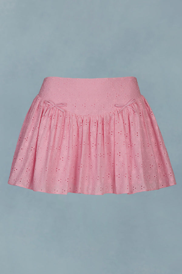 Açık Pembe Renkli Fiyonk Detaylı Broderie Anglaise Mini Etek