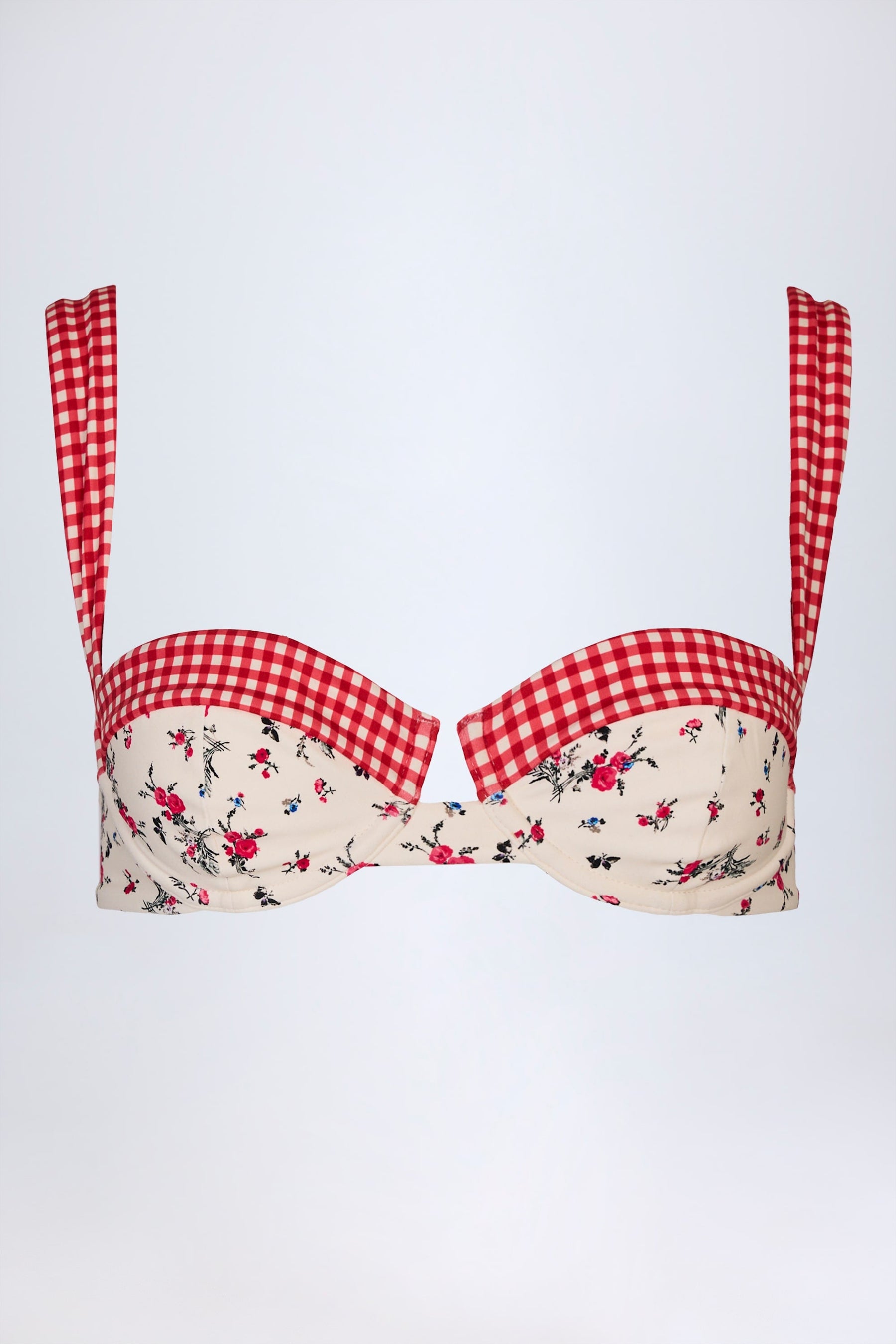 Kırmızı Çiçek Desenli Balenli Balconette Bikini Üstü