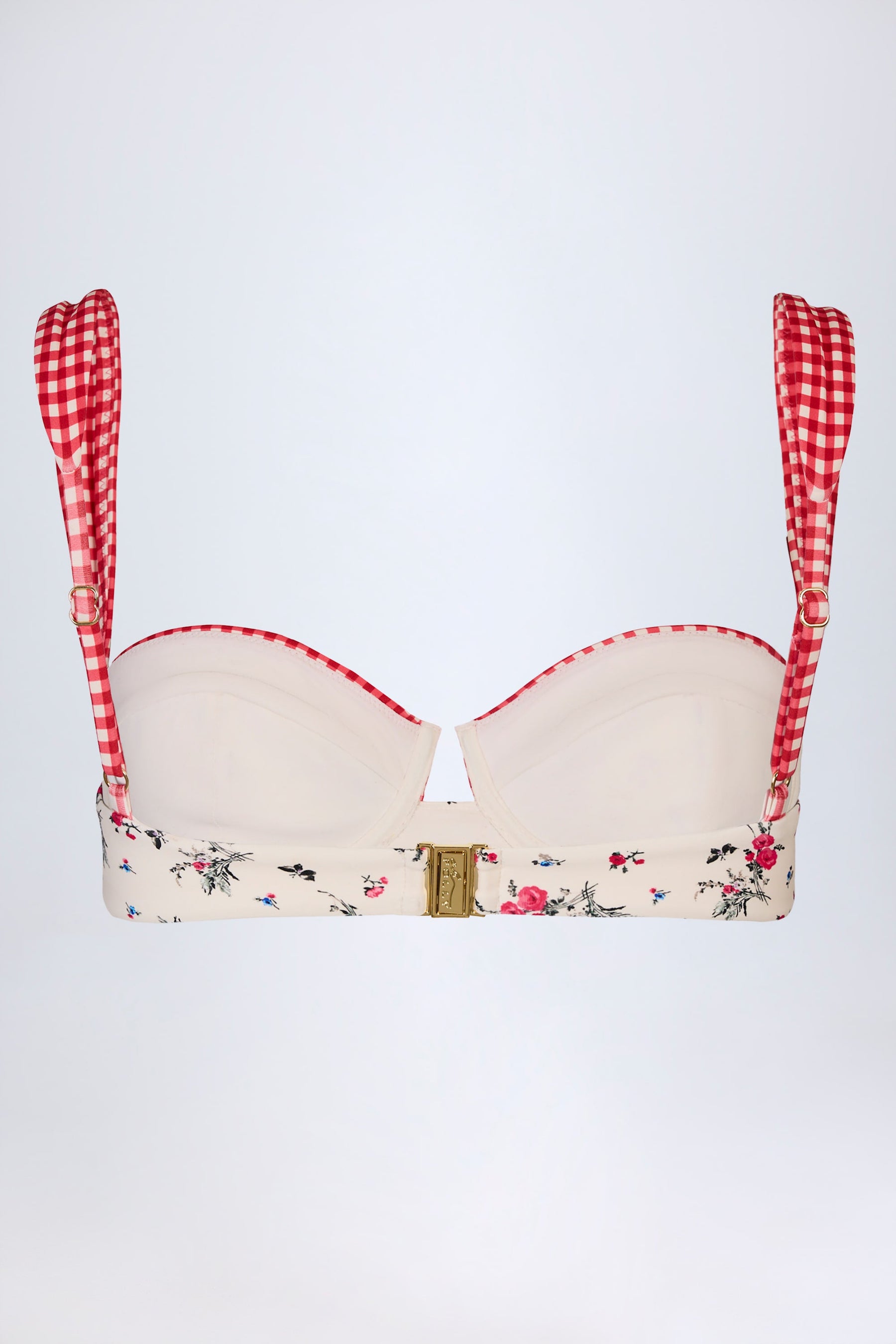Kırmızı Çiçek Desenli Balenli Balconette Bikini Üstü