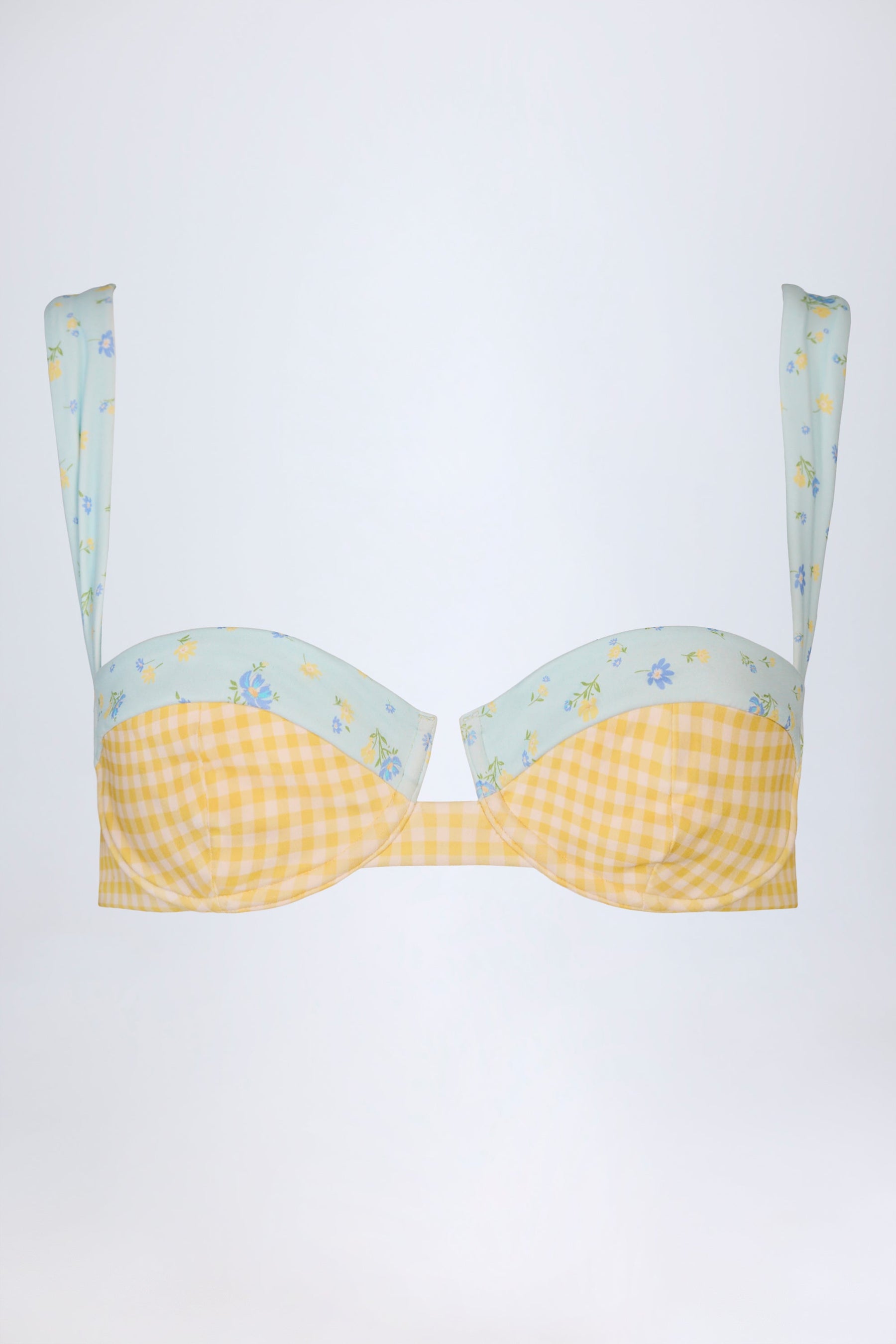 Sarı Ekose Desenli Balenli Balconette Bikini Üstü