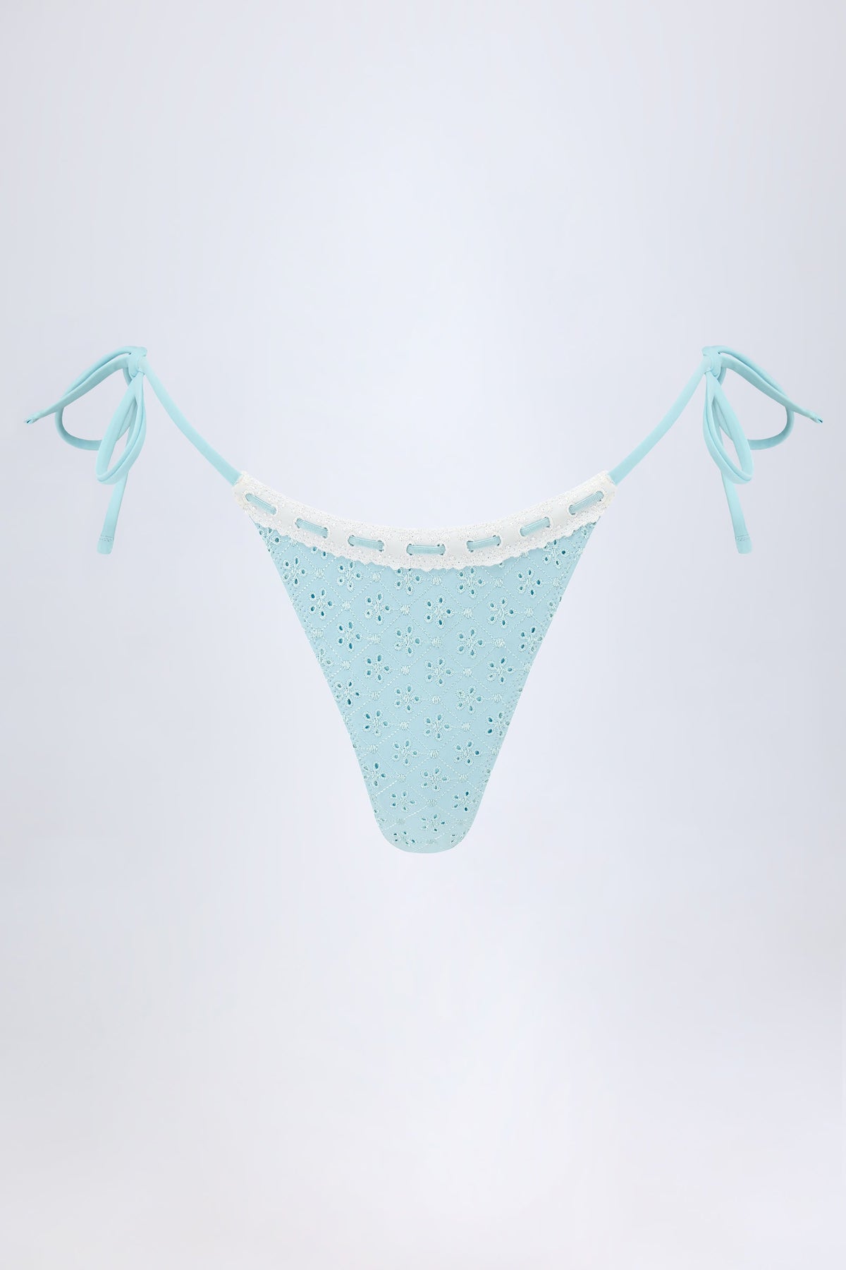 Pudra Mavisi Renkli, Yandan Bağlamalı Broderie Anglaise Tanga Bikini Altı