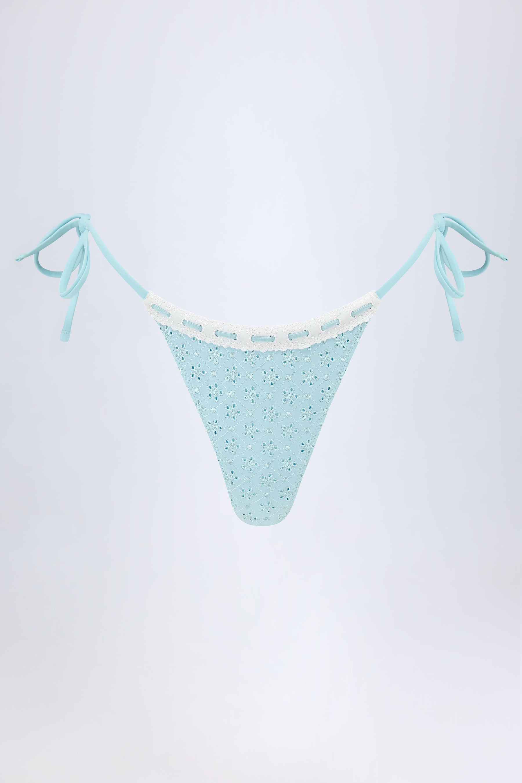 Pudra Mavisi Renkli, Yandan Bağlamalı Broderie Anglaise Tanga Bikini Altı