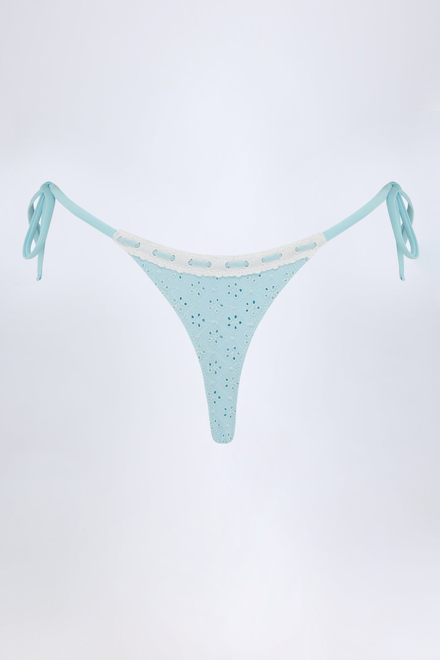Pudra Mavisi Renkli, Yandan Bağlamalı Broderie Anglaise Tanga Bikini Altı