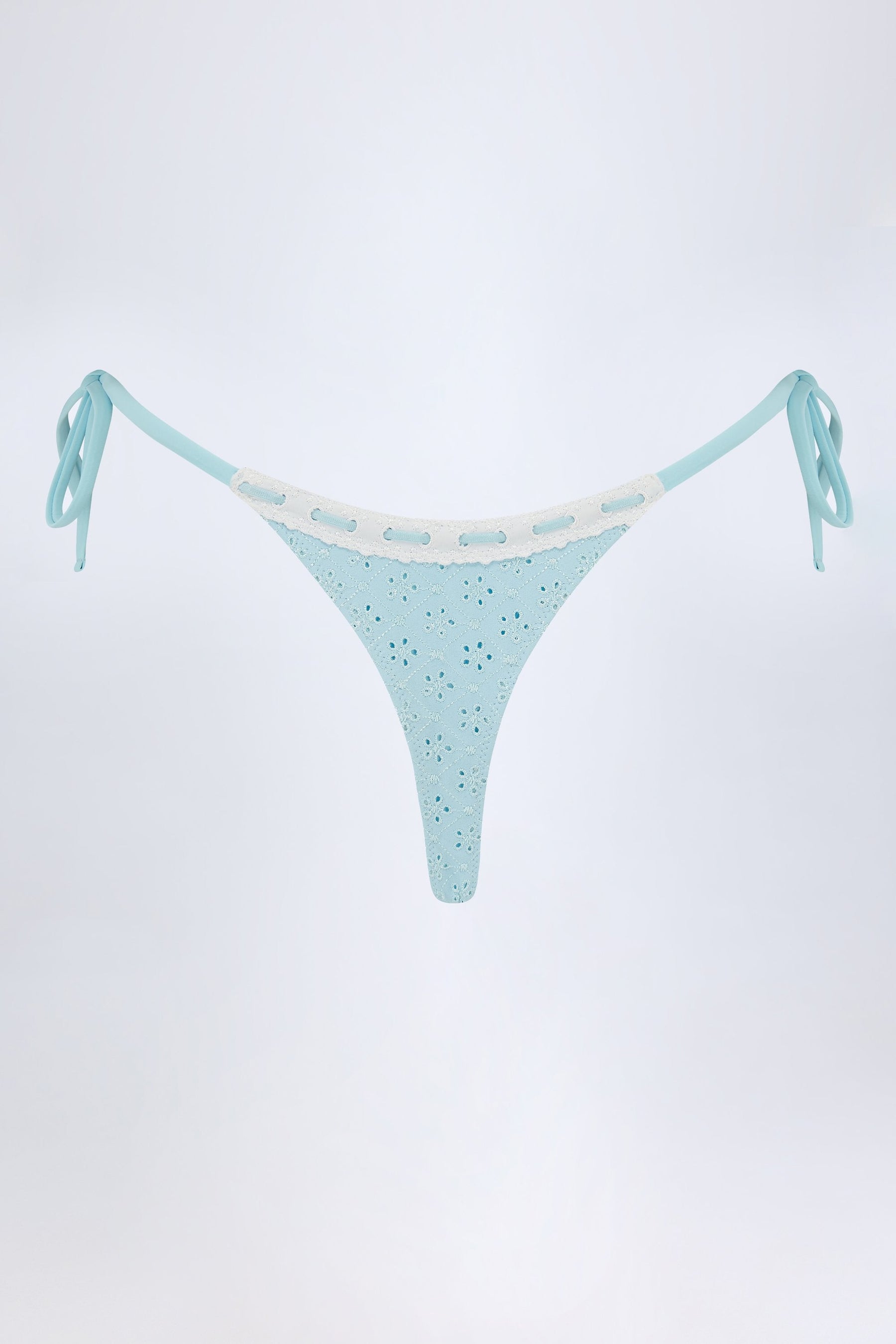 Pudra Mavisi Renkli, Yandan Bağlamalı Broderie Anglaise Tanga Bikini Altı
