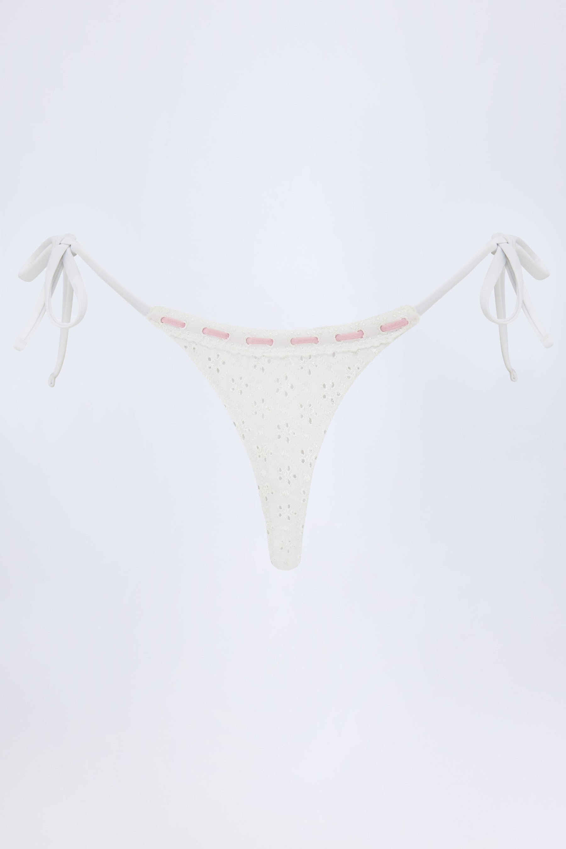 Beyaz Broderie Anglaise Yandan Bağlamalı Tanga Bikini Altı