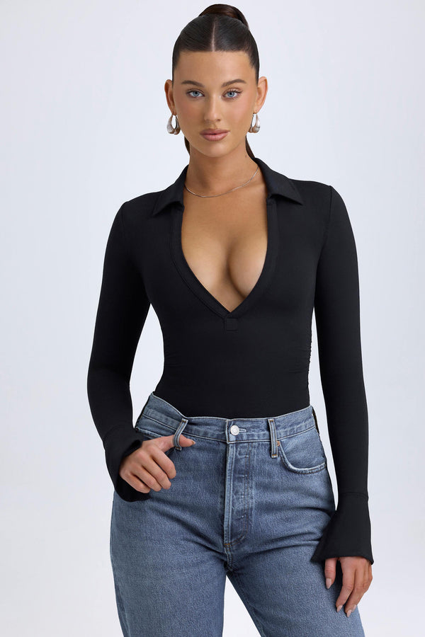 Siyah Modal Derin V Yaka Bodysuit